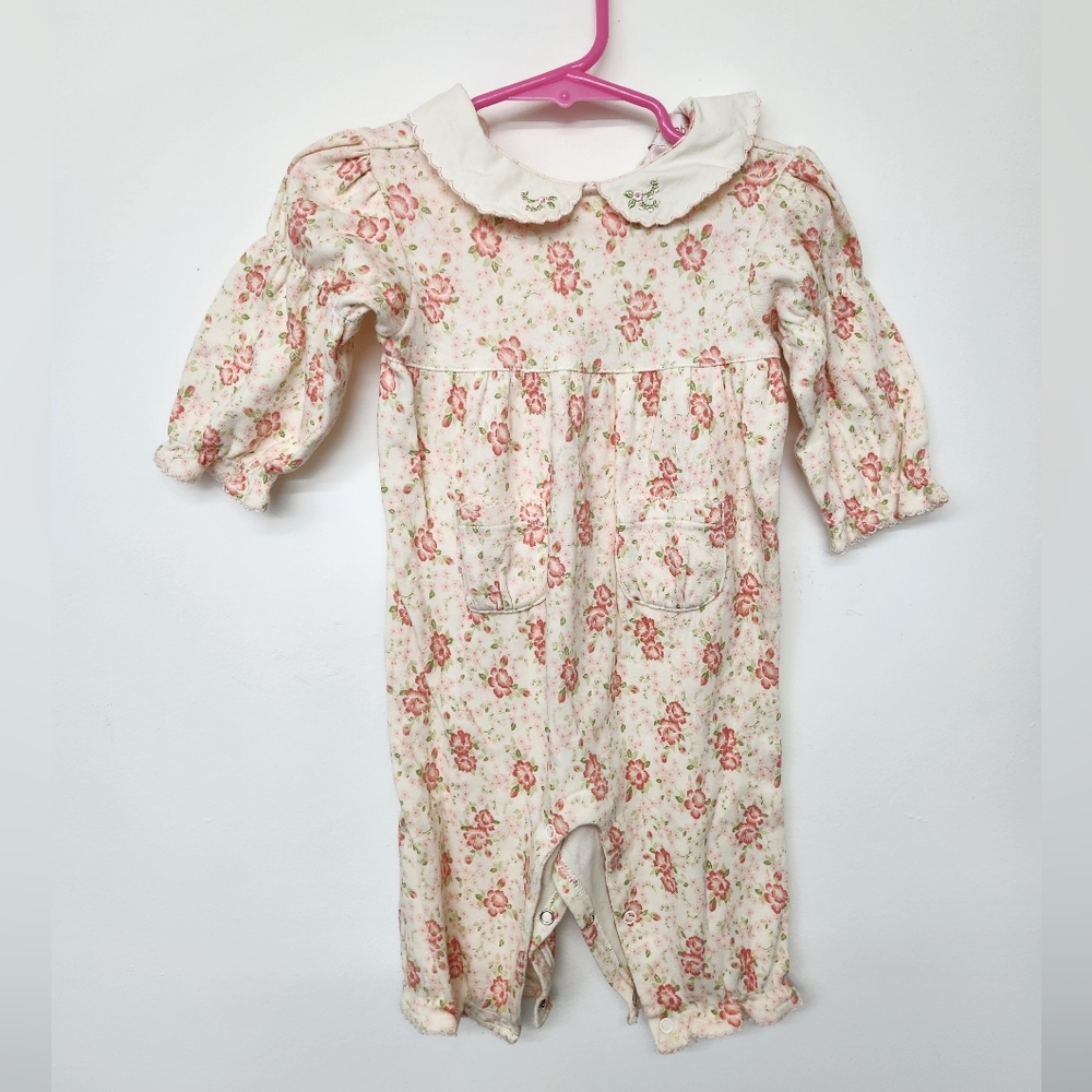 Vintage Floral Scalloped One Piece Baby 6-9 Months Matching Hat Cream Baby Doll